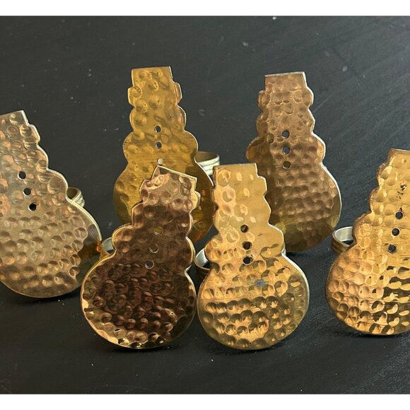 Hammered Brass Snowman Napkin Rings Set Of 6 Christmas Kitchen Decor - Picture 1 of 6